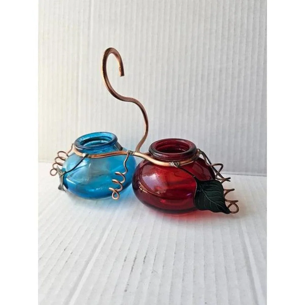 Artisan handcrafted double glass hummingbird hanging feeder copper cottagecore